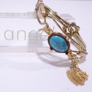 NWT Lee Angel  Three Gold Bracelet with Tassel and Turq Stone Bangle Set 3 115.0